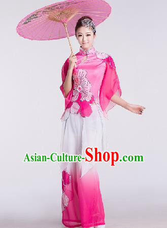 Chinese Traditional Umbrella Dance Rosy Costume Folk Dance Stage Performance Clothing for Women