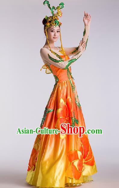 Chinese Traditional Classical Dance Orange Dress Folk Dance Stage Performance Clothing for Women