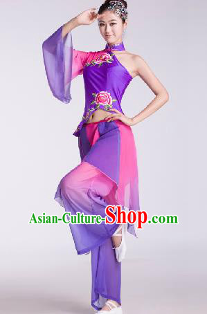 Chinese Traditional Fan Dance Purple Dress Folk Dance Stage Performance Clothing for Women