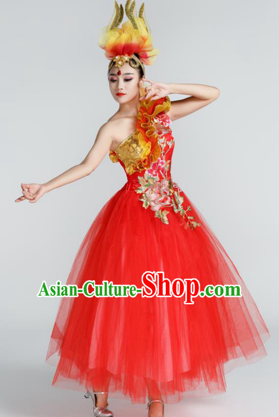 Chinese Traditional Opening Dance Red Veil Dress Spring Festival Gala Stage Performance Chorus Costume for Women