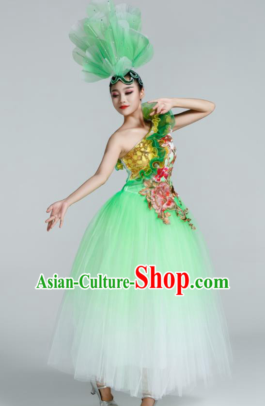 Chinese Traditional Opening Dance Green Veil Dress Spring Festival Gala Stage Performance Chorus Costume for Women