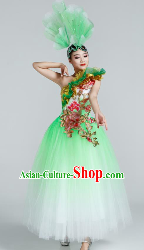 Chinese Traditional Opening Dance Green Veil Dress Spring Festival Gala Stage Performance Chorus Costume for Women