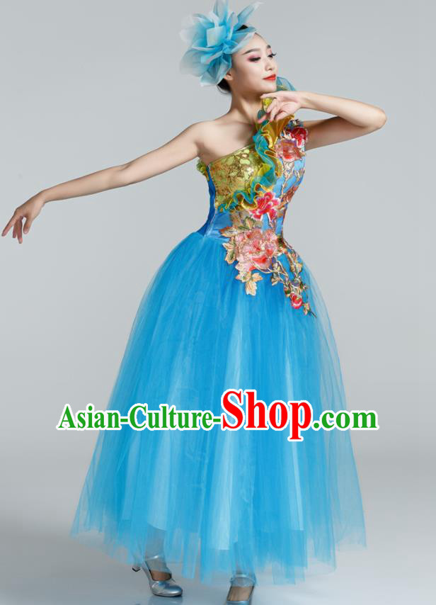 Chinese Traditional Opening Dance Blue Veil Dress Spring Festival Gala Stage Performance Chorus Costume for Women