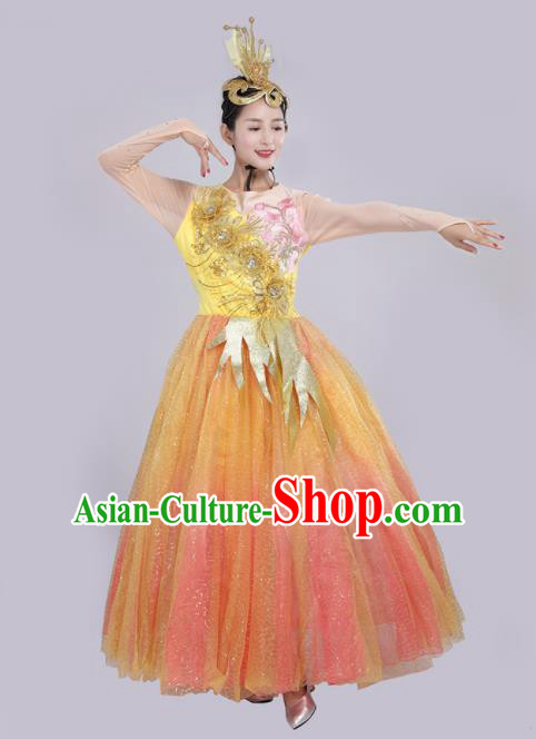 Chinese Traditional Opening Dance Orange Bubble Dress Spring Festival Gala Stage Performance Chorus Costume for Women