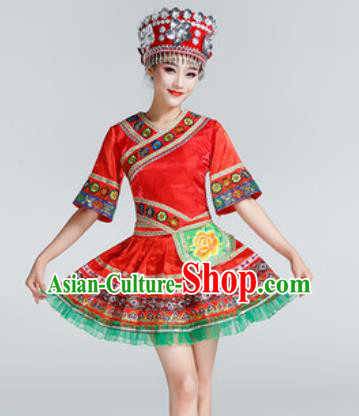 Chinese Traditional Ethnic Dance Costume Miao Nationality Stage Performance Red Dress for Women