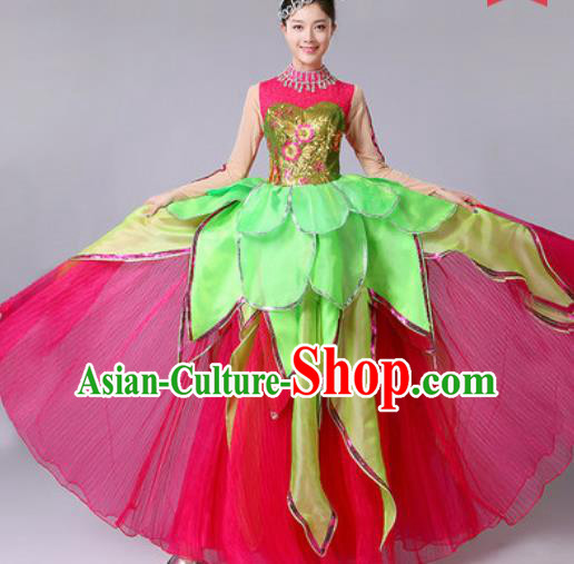 Chinese Traditional Spring Festival Gala Dance Costume Lotus Dance Stage Performance Rosy Dress for Women