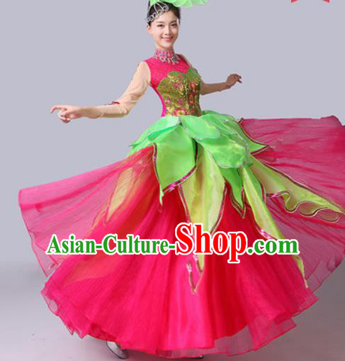 Chinese Traditional Spring Festival Gala Dance Costume Lotus Dance Stage Performance Rosy Dress for Women