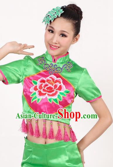 Chinese Traditional Folk Dance Costume Drum Dance Yangko Stage Performance Green Clothing for Women