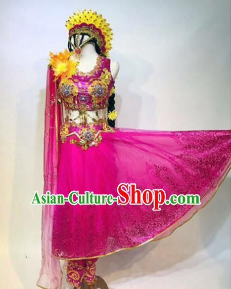 Chinese Traditional Ethnic Dance Costume Indian Dance Stage Performance Rosy Dress for Women