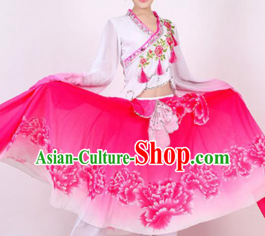 Chinese Traditional Classical Dance Costume Fan Dance Yangko Stage Performance Rosy Dress for Women