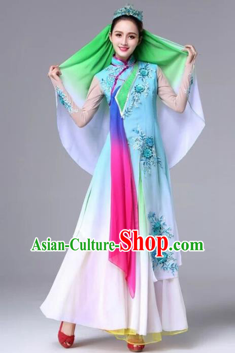 Chinese Traditional Ethnic Dance Costume Hui Nationality Stage Performance Blue Dress for Women