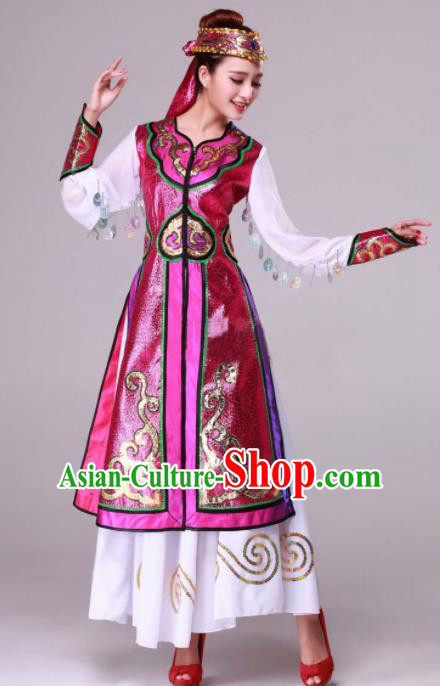 Chinese Traditional Ethnic Dance Costume Mongolian Nationality Stage Performance Rosy Dress for Women