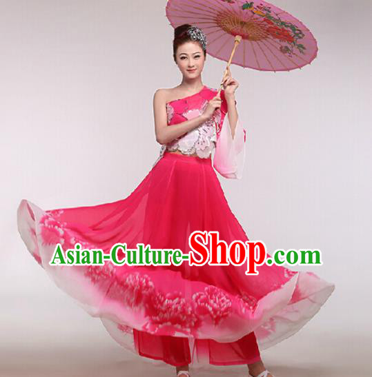 Chinese Traditional Classical Dance Costume Umbrella Dance Stage Performance Rosy Dress for Women