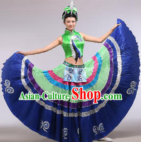 Chinese Traditional Ethnic Dance Costume Yi Nationality Stage Performance Green Dress for Women