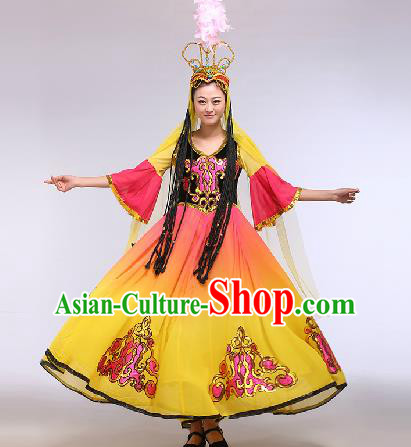 Chinese Traditional Ethnic Dance Costume Uyghur Nationality Stage Performance Yellow Dress for Women