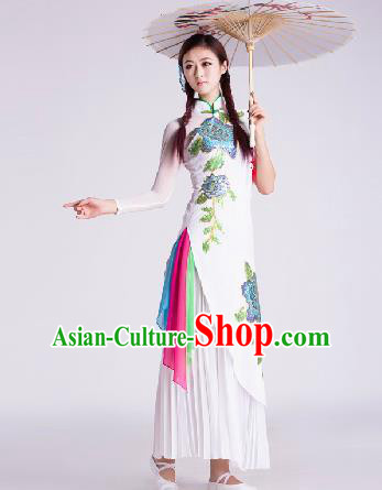 Chinese Traditional Umbrella Dance Costume Classical Dance Stage Performance White Clothing for Women