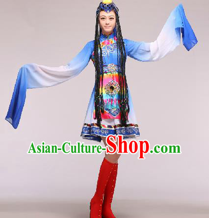 Chinese Traditional Ethnic Dance Costume Zang Nationality Dance Stage Performance Blue Dress for Women