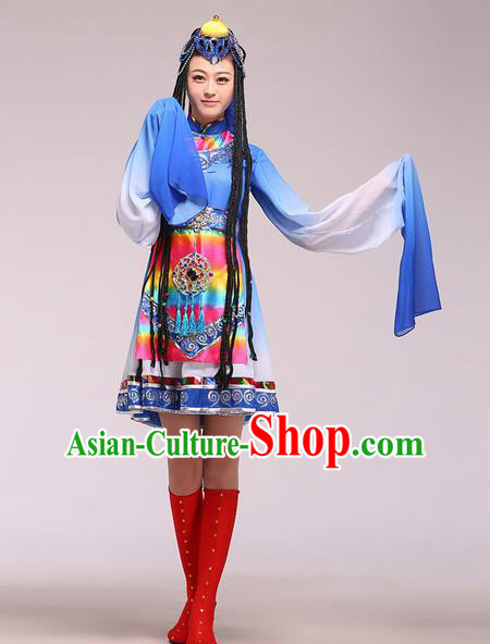 Chinese Traditional Ethnic Dance Costume Zang Nationality Dance Stage Performance Blue Dress for Women