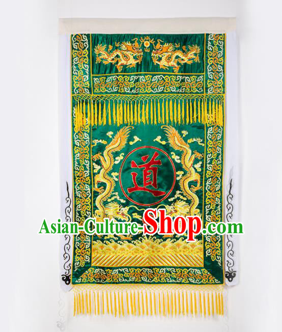 Chinese Traditional Taoism Feng Shui Items National Taoist Embroidered Dragons Green Flag