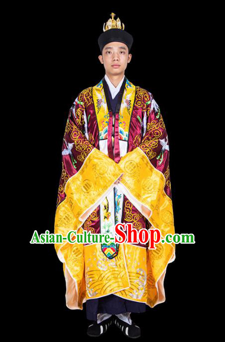 Chinese Traditional Taoism Costume National Taoist Priest Embroidered Cranes Wine Red Cassock for Men