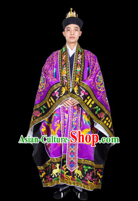 Chinese Traditional Taoism Costume National Taoist Priest Embroidered Dragons Purple Cassock for Men