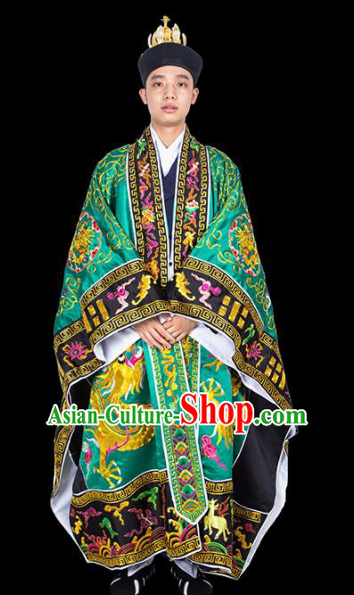 Chinese Traditional Taoism Costume National Taoist Priest Embroidered Dragons Green Cassock for Men