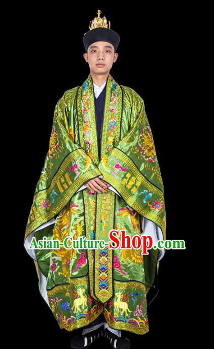 Chinese Traditional Taoism Costume National Taoist Priest Embroidered Dragons Light Green Cassock for Men