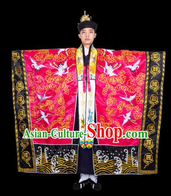 Chinese Traditional Taoism Costume National Taoist Priest Embroidered Cranes Rosy Cassock for Men