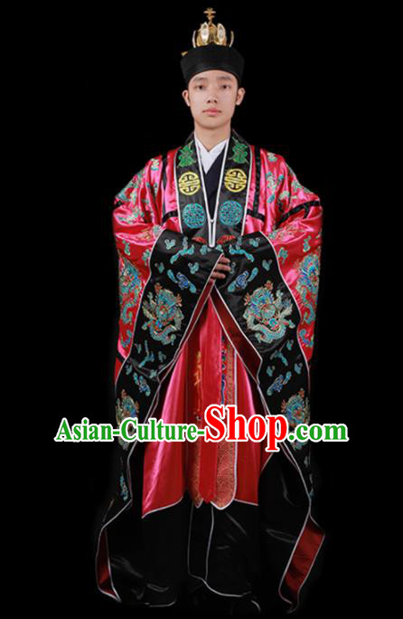 Chinese Traditional Taoism Costume National Taoist Priest Embroidered Dragons Rosy Cassock for Men