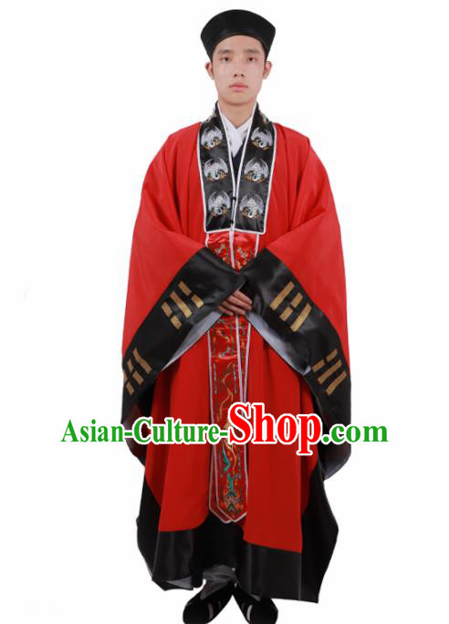 Chinese Traditional Taoism Costume National Taoist Priest Embroidered Cranes Bagua Red Cassock for Men