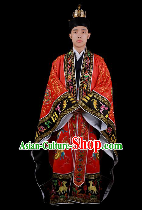 Chinese Traditional Taoism Costume National Taoist Priest Embroidered Cranes Dragons Red Cassock for Men