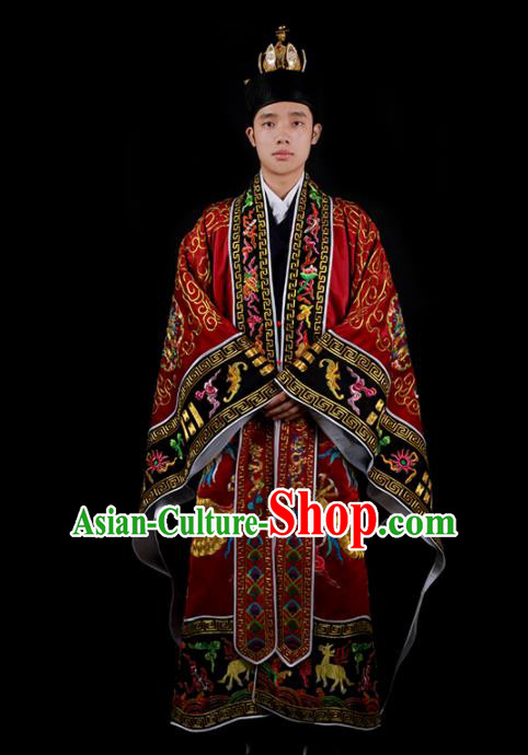 Chinese Traditional Taoism Costume National Taoist Priest Embroidered Cranes Dragons Wine Red Cassock for Men