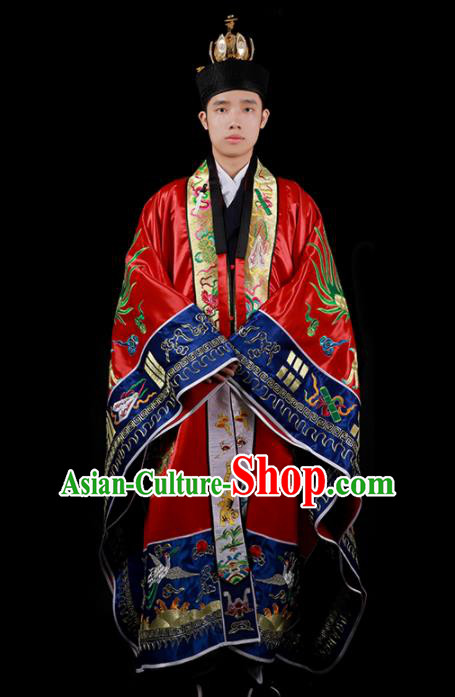 Chinese National Taoist Priest Embroidered Dragons Red Cassock Traditional Taoism Costume for Men