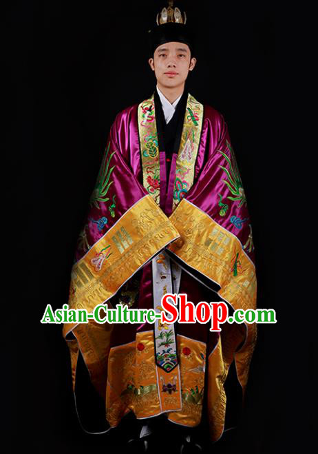 Chinese National Taoist Priest Embroidered Dragons Purple Cassock Traditional Taoism Costume for Men