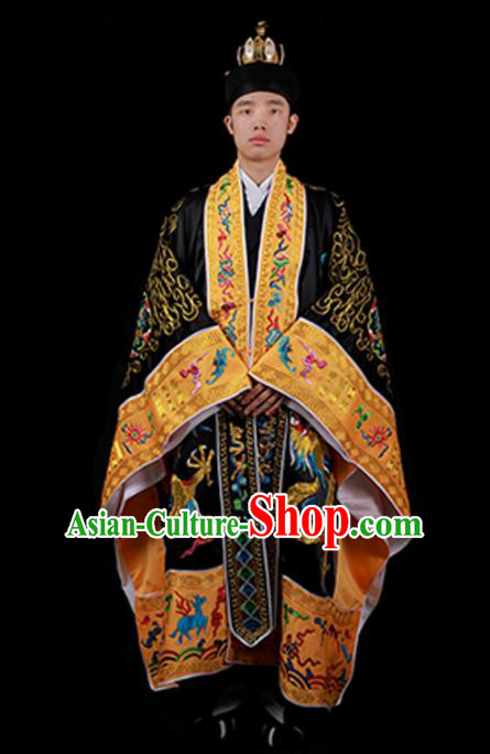 Chinese National Taoist Priest Embroidered Dragons Black Cassock Traditional Taoism Costume for Men