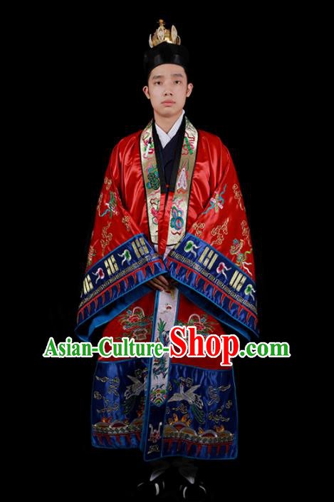 Chinese National Taoist Priest Embroidered Cranes Red Cassock Traditional Taoism Costume for Men