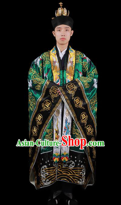 Chinese National Taoist Priest Embroidered Cranes Green Cassock Traditional Taoism Costume for Men