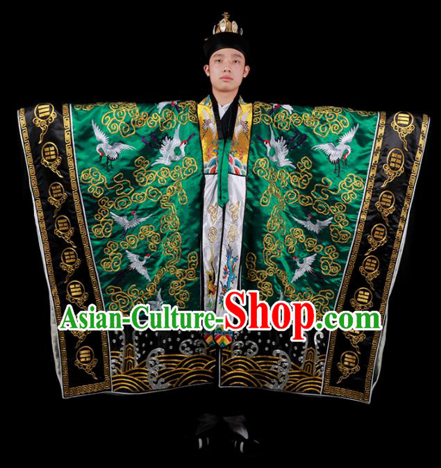 Chinese National Taoist Priest Embroidered Cranes Green Cassock Traditional Taoism Costume for Men