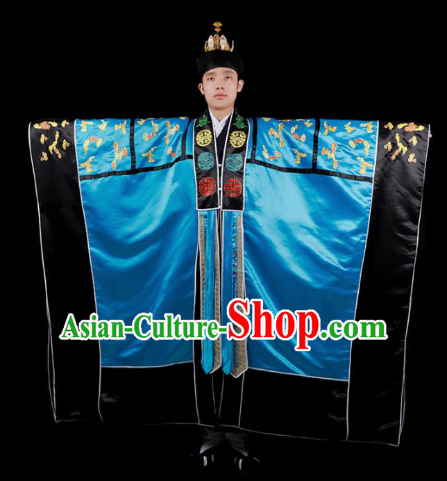 Chinese National Taoist Priest Embroidered Dragons Blue Cassock Traditional Taoism Costume for Men