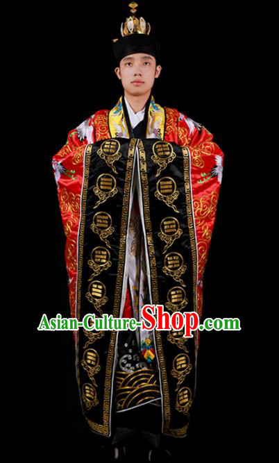 Chinese National Taoist Priest Embroidered Cranes Red Cassock Traditional Taoism Costume for Men