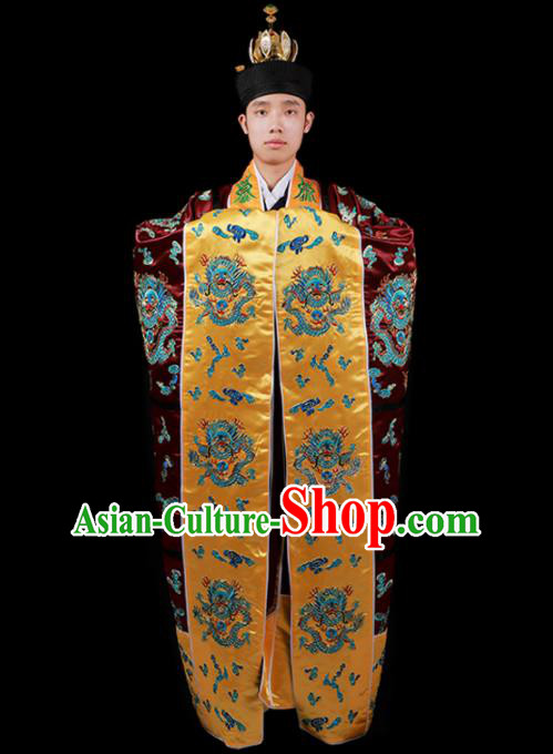 Chinese National Taoist Priest Embroidered Dragon Wine Red Cassock Traditional Taoism Costume for Men