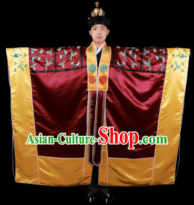 Chinese National Taoist Priest Embroidered Dragon Wine Red Cassock Traditional Taoism Costume for Men