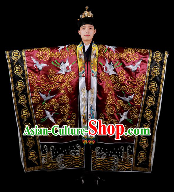 Chinese National Taoist Priest Embroidered Crane Wine Red Cassock Traditional Taoism Rites Costume for Men