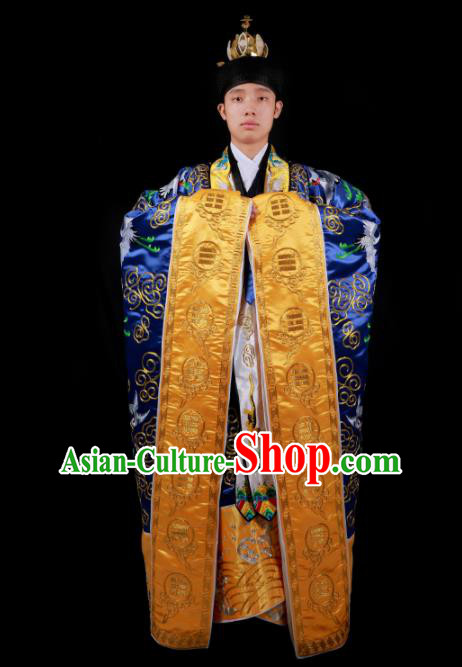 Chinese National Taoist Priest Embroidered Crane Royalblue Cassock Traditional Taoism Rites Costume for Men