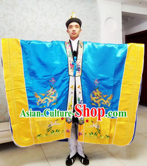 Chinese National Taoism Embroidered Dragons Royalblue Cassock Traditional Taoist Priest Rites Costume for Men