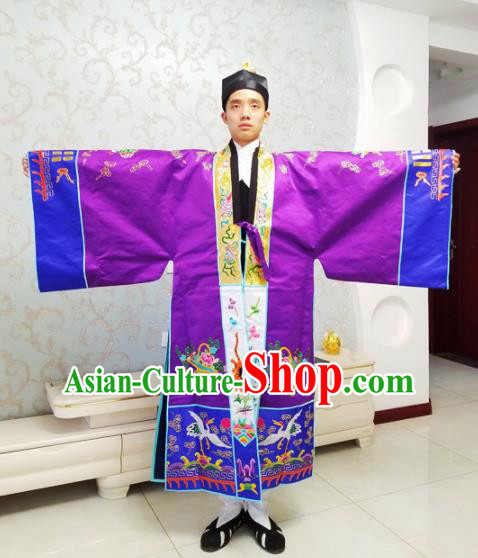 Chinese National Taoism Embroidered Dragons Purple Cassock Traditional Taoist Priest Rites Costume for Men