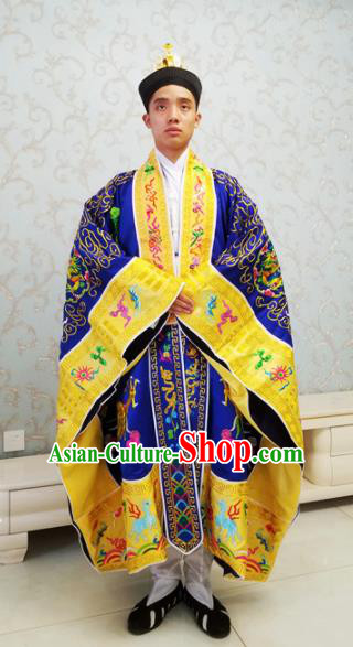 Chinese National Taoism Embroidered Dragons Royalblue Cassock Traditional Taoist Priest Rites Costume for Men