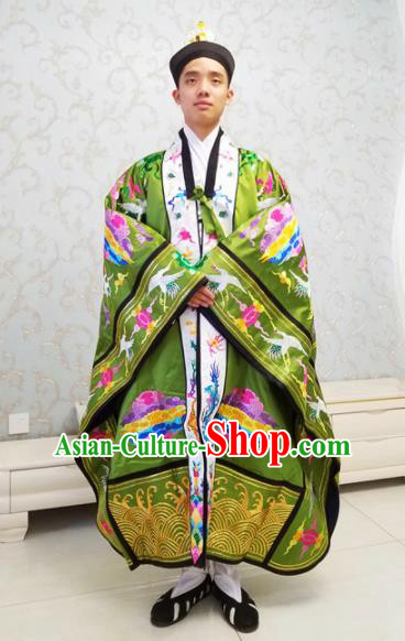 Chinese National Taoism Embroidered Cranes Green Cassock Traditional Taoist Priest Rites Costume for Men