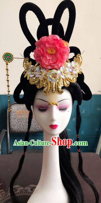 Chinese Traditional Beijing Opera Pink Peony Hairpins and Wigs Sheath Peking Opera Princess Hair Accessories for Women