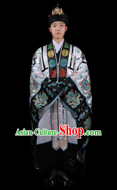 Chinese National Taoism Embroidered Dragons White Cassock Traditional Taoist Priest Rites Costume for Men